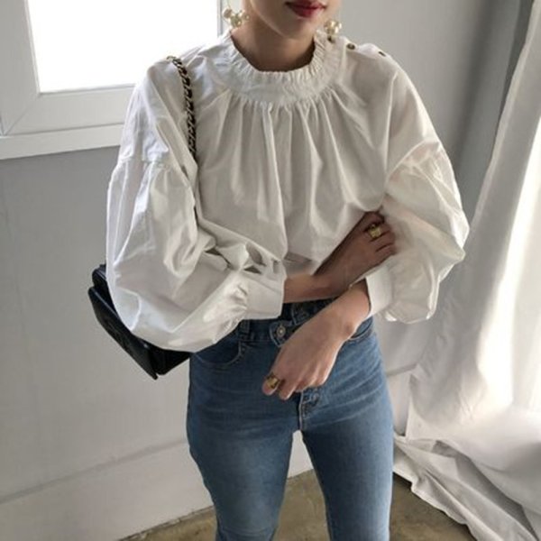 画像1: Women's Volume sleeve shoulder button blouse T-shirt  ラタンボリュームパフスリーブ長袖ブラウス　 Tシャツ (1)