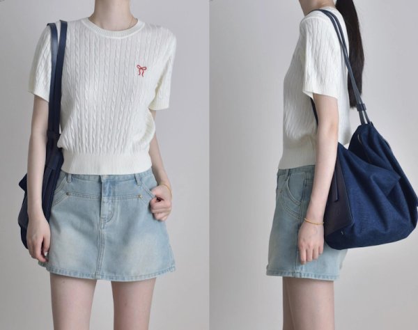 画像3: Women's round neck Ribbon one point embroidery rope knit short sleeve sweater T-shirt  リボンワンポイント刺繍 縄編み半袖セーターTシャツ (3)