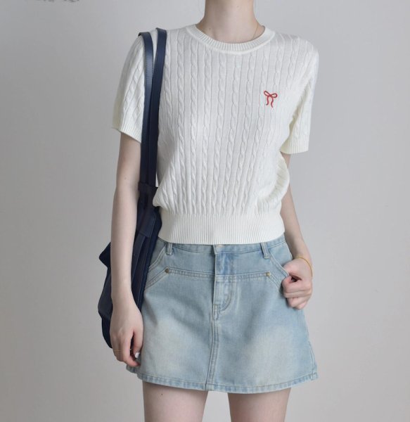 画像5: Women's round neck Ribbon one point embroidery rope knit short sleeve sweater T-shirt  リボンワンポイント刺繍 縄編み半袖セーターTシャツ (5)