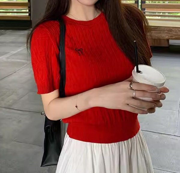 画像6: Women's round neck Ribbon one point embroidery rope knit short sleeve sweater T-shirt  リボンワンポイント刺繍 縄編み半袖セーターTシャツ (6)