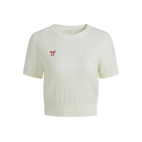 画像1: Women's round neck Ribbon one point embroidery rope knit short sleeve sweater T-shirt  リボンワンポイント刺繍 縄編み半袖セーターTシャツ (1)