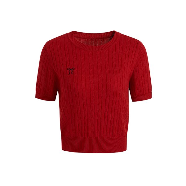 画像2: Women's round neck Ribbon one point embroidery rope knit short sleeve sweater T-shirt  リボンワンポイント刺繍 縄編み半袖セーターTシャツ (2)