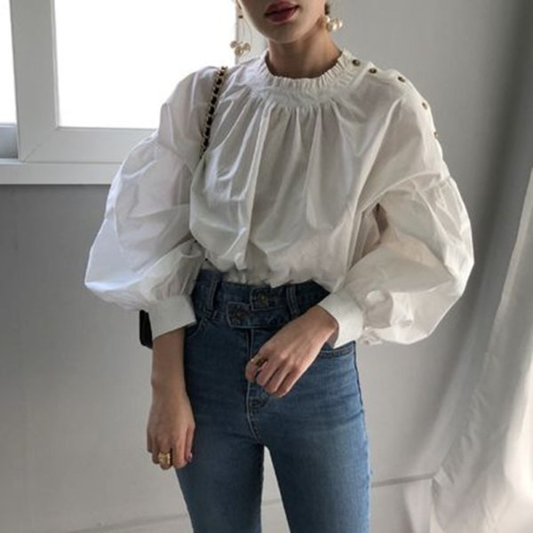 画像5: Women's Volume sleeve shoulder button blouse T-shirt  ラタンボリュームパフスリーブ長袖ブラウス　 Tシャツ (5)