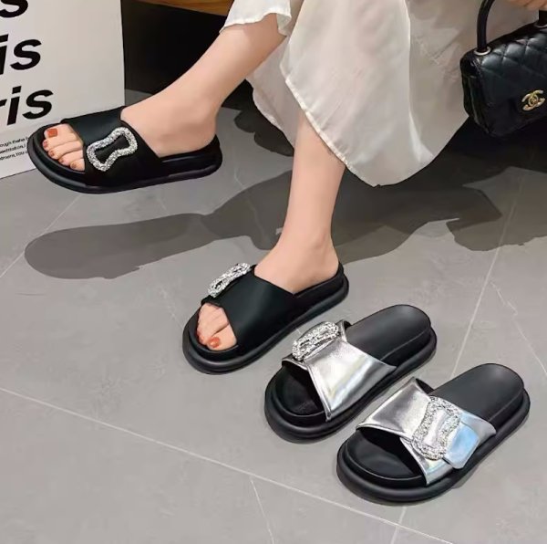 画像4: rhinestone platform sandals slippers casual shoes  　男女兼用ユニセックスレザーラインストーン厚底 フラットサンダルスリッパ (4)