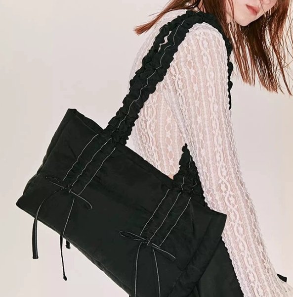 画像6: pleated cloud ribbon tote shoulder bag　ギャザーハンドル リボン付きトートショルダバッグ 通勤通学ショッピング (6)