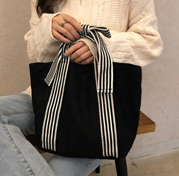 画像4: striped ribbon canvas bag handbag  tote bag 　キャンバスリボンハンドルトートバッグ (4)