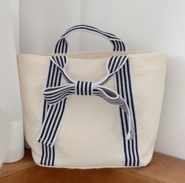 画像3: striped ribbon canvas bag handbag  tote bag 　キャンバスリボンハンドルトートバッグ (3)