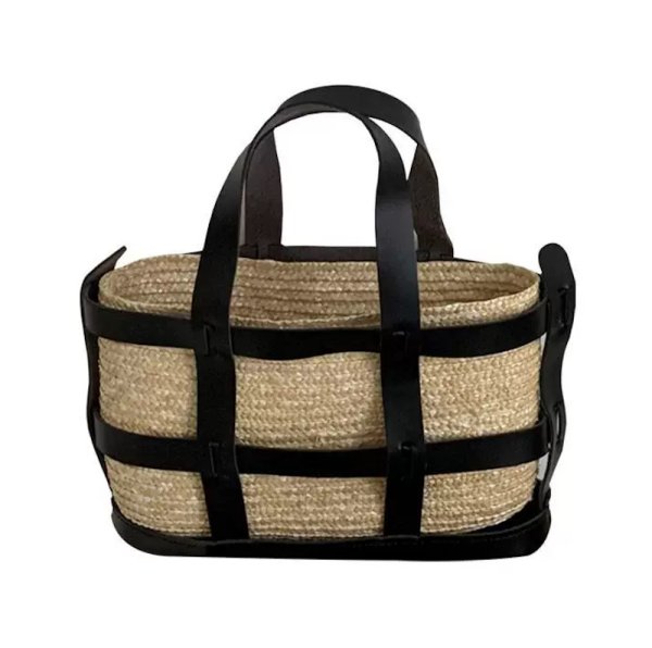 画像1: side leather surround basket bag basket handbag  tote bag 　レザー囲みトート籠かごバッグ (1)