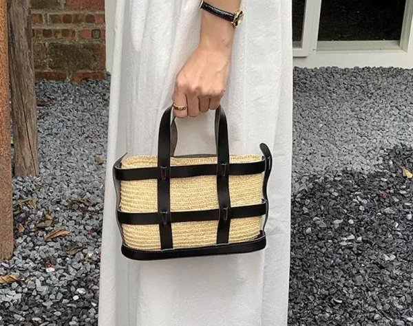 画像2: side leather surround basket bag basket handbag  tote bag 　レザー囲みトート籠かごバッグ (2)