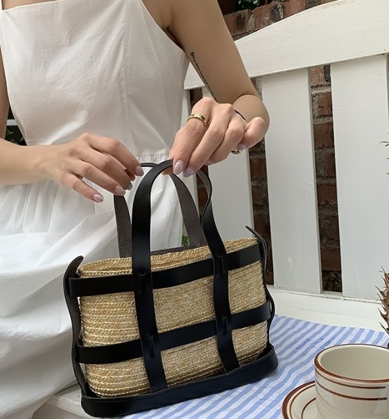 画像4: side leather surround basket bag basket handbag  tote bag 　レザー囲みトート籠かごバッグ (4)