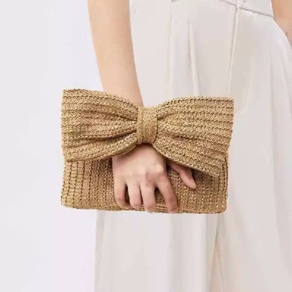 画像10: Luxury Bow Straw Bag for Women Crochet Beach Tote Handbag 　リボンストロークラッチトート籠かごバッグ (10)