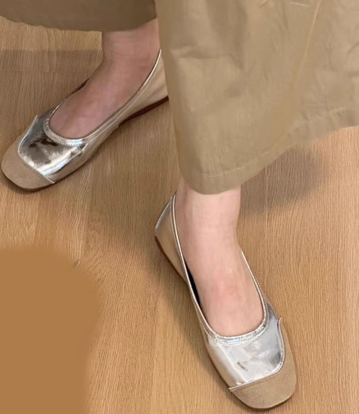 画像1: Genuine leather square toe flat shallow mouth soft sole casual scoop shoes flat pumps shoes　フラットレザーバイカラーパンプス バレーシューズ (1)