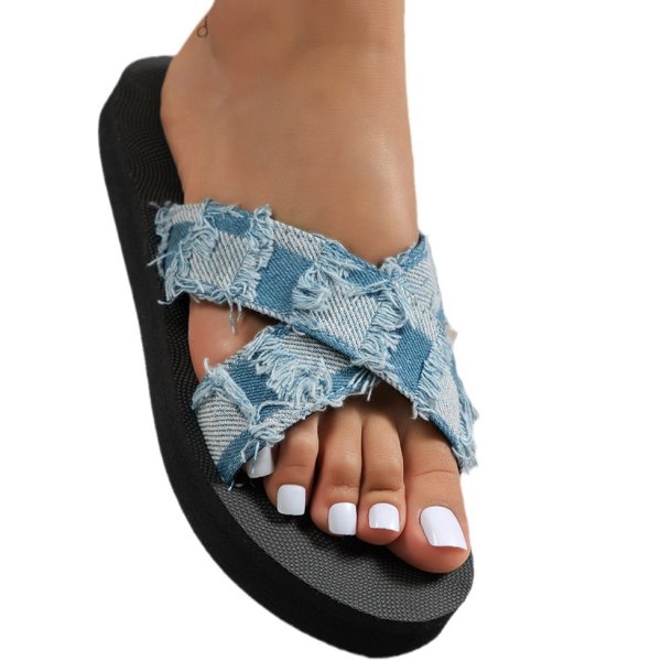 画像4: denim fringe cross flat sandals slippers casual shoes  　ユニセックスフリンジデニム クロスフラット厚底フラッサンダルスリッパ (4)