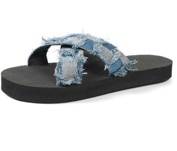 画像1: denim fringe cross flat sandals slippers casual shoes  　ユニセックスフリンジデニム クロスフラット厚底フラッサンダルスリッパ (1)