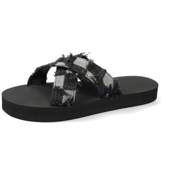画像2: denim fringe cross flat sandals slippers casual shoes  　ユニセックスフリンジデニム クロスフラット厚底フラッサンダルスリッパ (2)