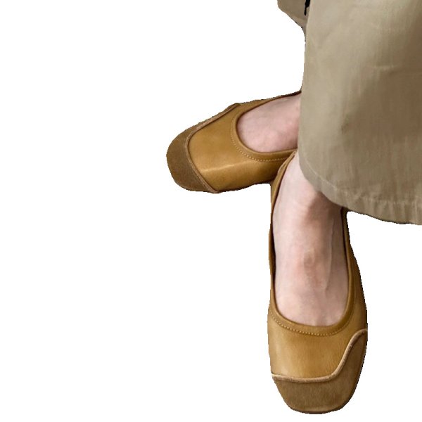 画像2: Genuine leather square toe flat shallow mouth soft sole casual scoop shoes flat pumps shoes　フラットレザーバイカラーパンプス バレーシューズ (2)