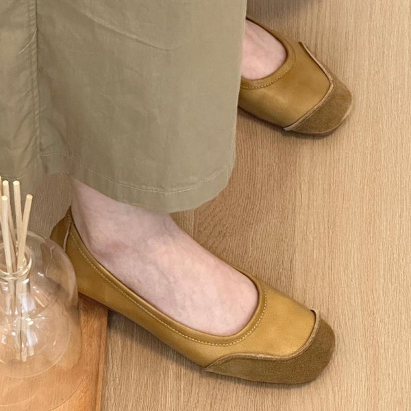 画像6: Genuine leather square toe flat shallow mouth soft sole casual scoop shoes flat pumps shoes　フラットレザーバイカラーパンプス バレーシューズ (6)