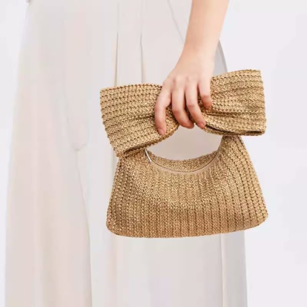 画像9: Luxury Bow Straw Bag for Women Crochet Beach Tote Handbag 　リボンストロークラッチトート籠かごバッグ (9)