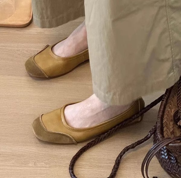 画像4: Genuine leather square toe flat shallow mouth soft sole casual scoop shoes flat pumps shoes　フラットレザーバイカラーパンプス バレーシューズ (4)