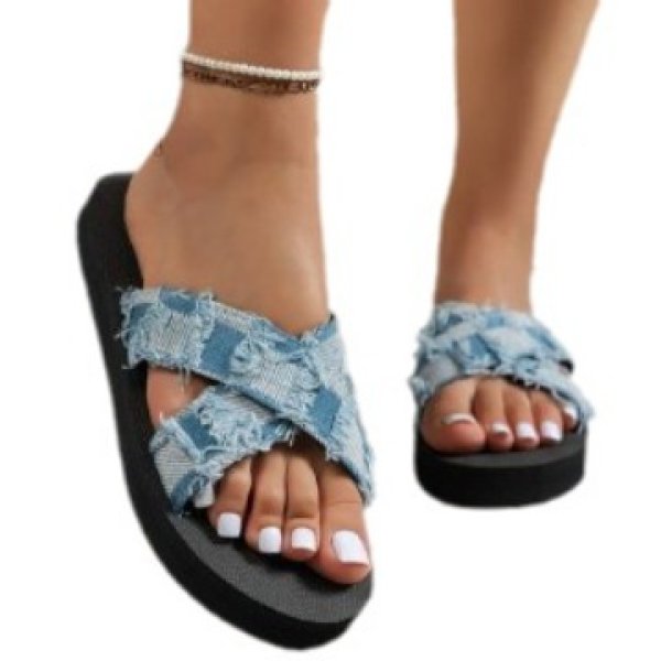 画像5: denim fringe cross flat sandals slippers casual shoes  　ユニセックスフリンジデニム クロスフラット厚底フラッサンダルスリッパ (5)