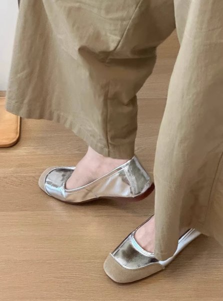 画像5: Genuine leather square toe flat shallow mouth soft sole casual scoop shoes flat pumps shoes　フラットレザーバイカラーパンプス バレーシューズ (5)