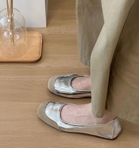 画像3: Genuine leather square toe flat shallow mouth soft sole casual scoop shoes flat pumps shoes　フラットレザーバイカラーパンプス バレーシューズ (3)