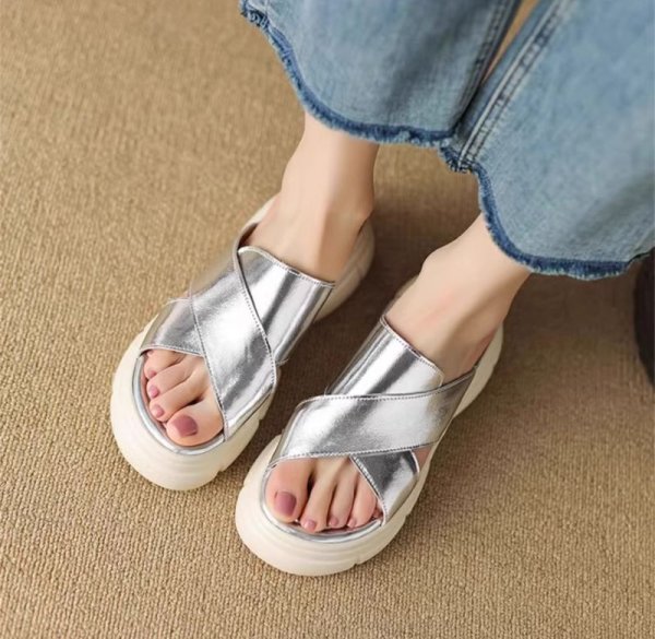 画像4: thick-soled Roman open-toe Sandals slippers casual shoes  　レザー厚底オープントゥフラットサンダルスリッパ (4)