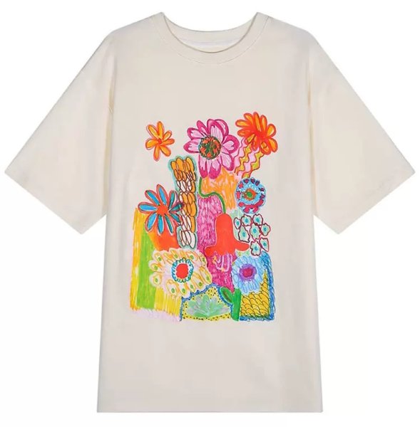 画像1: graffiti flower print t-shirt　ユニセックスグラフィック落書きフラワープリント半袖Tシャツ  (1)