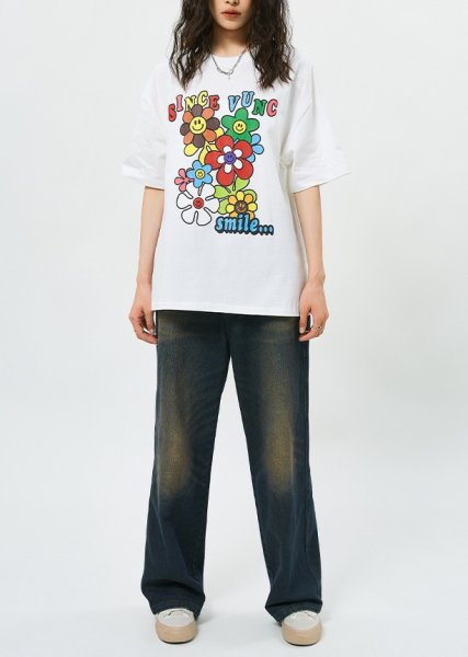 画像12: smile flower print short sleeve T-shirt   ユニセックス男女兼用スマイルフラワープリント半袖Tシャツトップス (12)