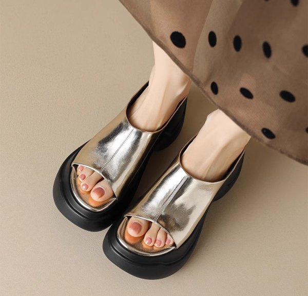 画像2: Genuine leather platform open toe sandals slippers casual shoes  　レザー厚底プラットフォームオープントゥフラットサンダルスリッパ (2)
