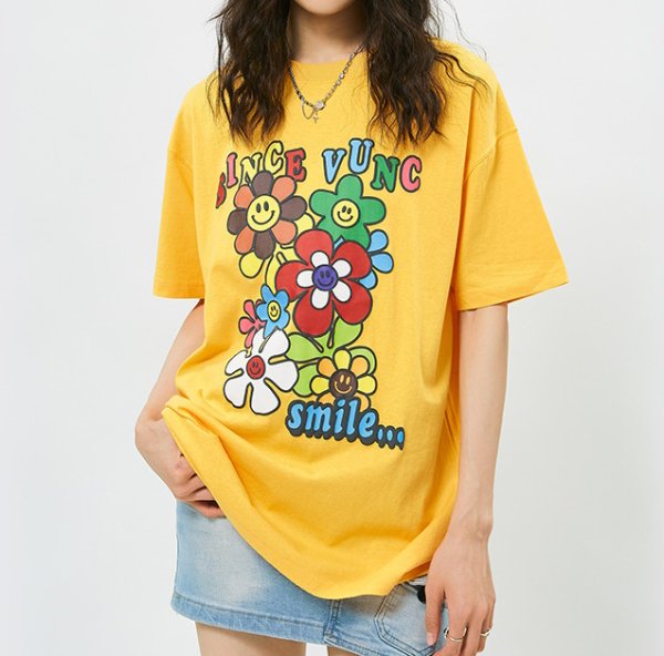 画像6: smile flower print short sleeve T-shirt   ユニセックス男女兼用スマイルフラワープリント半袖Tシャツトップス (6)