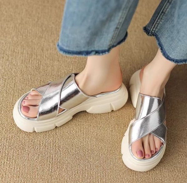 画像7: thick-soled Roman open-toe Sandals slippers casual shoes  　レザー厚底オープントゥフラットサンダルスリッパ (7)