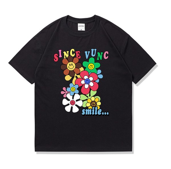 画像1: smile flower print short sleeve T-shirt   ユニセックス男女兼用スマイルフラワープリント半袖Tシャツトップス (1)