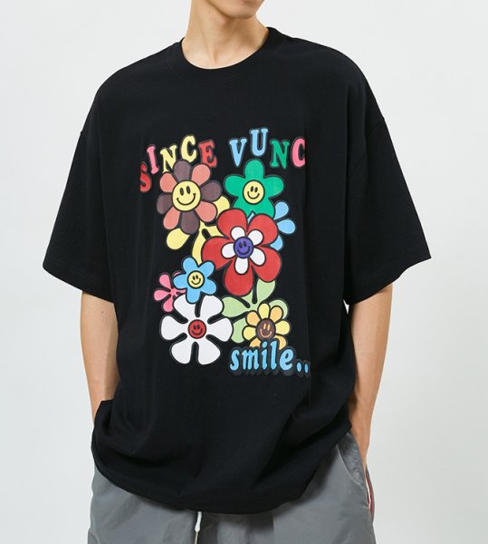 画像11: smile flower print short sleeve T-shirt   ユニセックス男女兼用スマイルフラワープリント半袖Tシャツトップス (11)