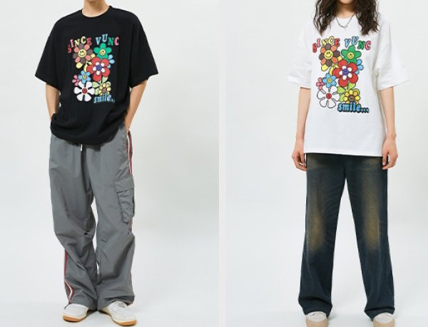 画像9: smile flower print short sleeve T-shirt   ユニセックス男女兼用スマイルフラワープリント半袖Tシャツトップス (9)