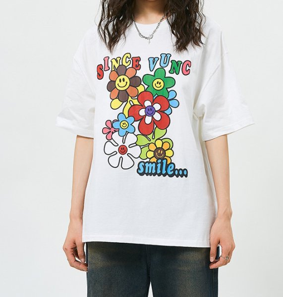 画像7: smile flower print short sleeve T-shirt   ユニセックス男女兼用スマイルフラワープリント半袖Tシャツトップス (7)