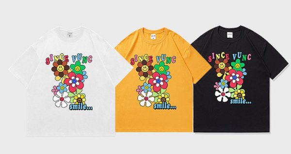 画像4: smile flower print short sleeve T-shirt   ユニセックス男女兼用スマイルフラワープリント半袖Tシャツトップス (4)
