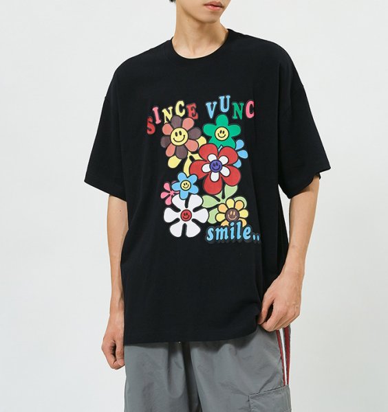 画像5: smile flower print short sleeve T-shirt   ユニセックス男女兼用スマイルフラワープリント半袖Tシャツトップス (5)