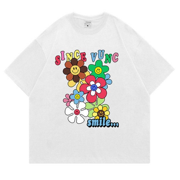 画像2: smile flower print short sleeve T-shirt   ユニセックス男女兼用スマイルフラワープリント半袖Tシャツトップス (2)