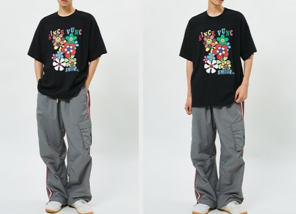 画像10: smile flower print short sleeve T-shirt   ユニセックス男女兼用スマイルフラワープリント半袖Tシャツトップス (10)