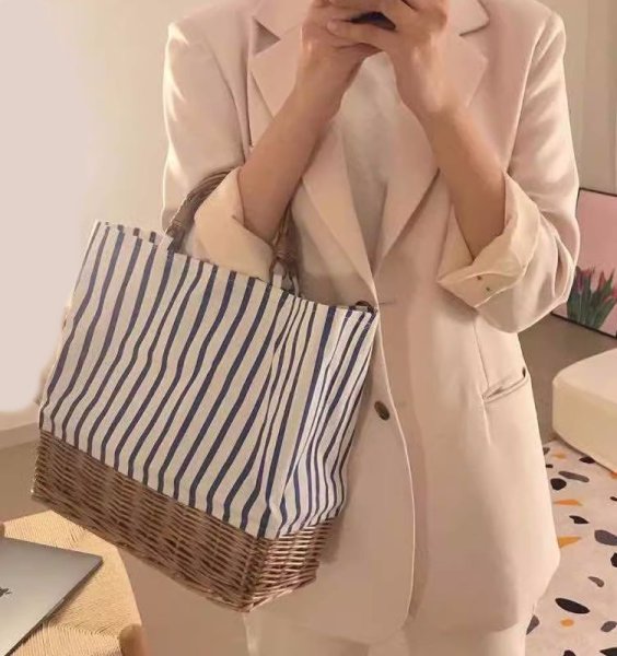 画像9: Rattan & Linen Splicing combination  tote bag basket bag　リネン＆ラタンコンビかご籠トートバッグ (9)