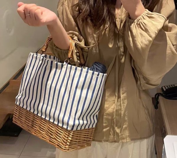 画像10: Rattan & Linen Splicing combination  tote bag basket bag　リネン＆ラタンコンビかご籠トートバッグ (10)