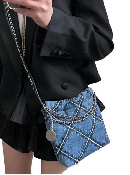 画像8: Washed Denim Diamond Car Stitch Single Chain Shoulder Crossbody  Tote Bag　デニムダイアモンドステッチチェーンショルダークロスボディートートバッグ (8)