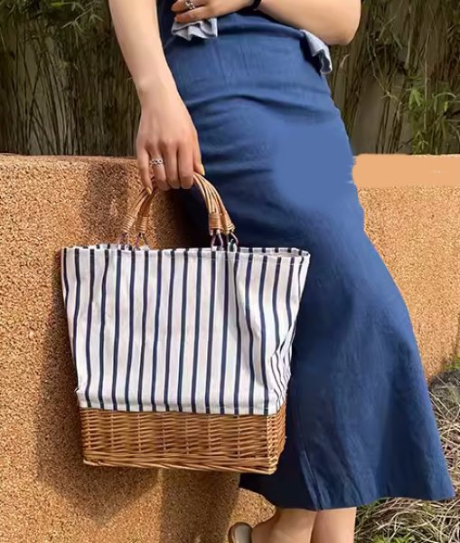 画像7: Rattan & Linen Splicing combination  tote bag basket bag　リネン＆ラタンコンビかご籠トートバッグ (7)