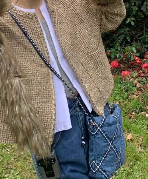 画像5: Washed Denim Diamond Car Stitch Single Chain Shoulder Crossbody  Tote Bag　デニムダイアモンドステッチチェーンショルダークロスボディートートバッグ (5)