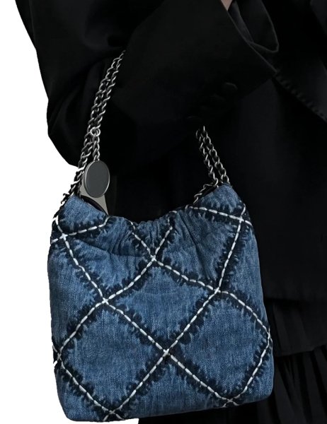 画像6: Washed Denim Diamond Car Stitch Single Chain Shoulder Crossbody  Tote Bag　デニムダイアモンドステッチチェーンショルダークロスボディートートバッグ (6)