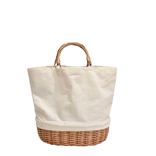 画像2: Rattan & Linen Splicing combination  tote bag basket bag　リネン＆ラタンコンビかご籠トートバッグ (2)