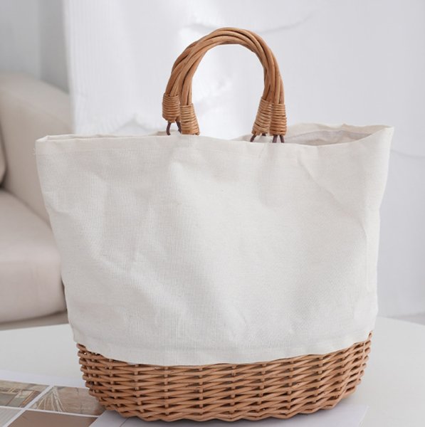 画像4: Rattan & Linen Splicing combination  tote bag basket bag　リネン＆ラタンコンビかご籠トートバッグ (4)