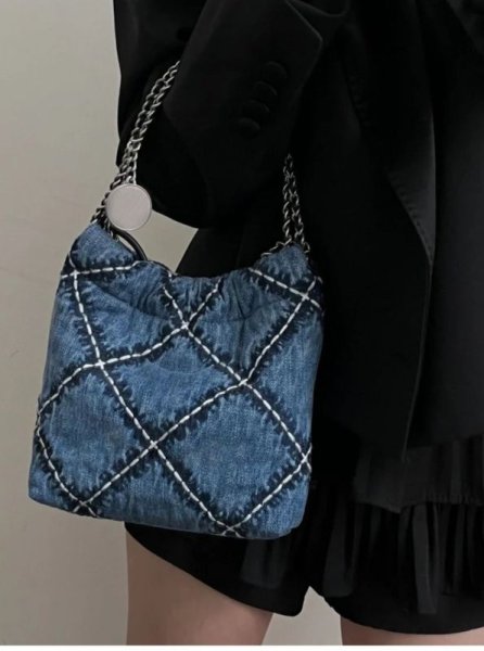 画像7: Washed Denim Diamond Car Stitch Single Chain Shoulder Crossbody  Tote Bag　デニムダイアモンドステッチチェーンショルダークロスボディートートバッグ (7)