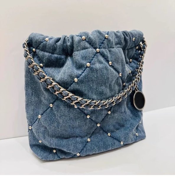 画像3: silver studs Denim Diamond Car Stitch Single Chain Shoulder Crossbody  Tote Bag　シルバースタッズ付きデニムダイアモンドステッチチェーンショルダークロスボディートートバッグ (3)
